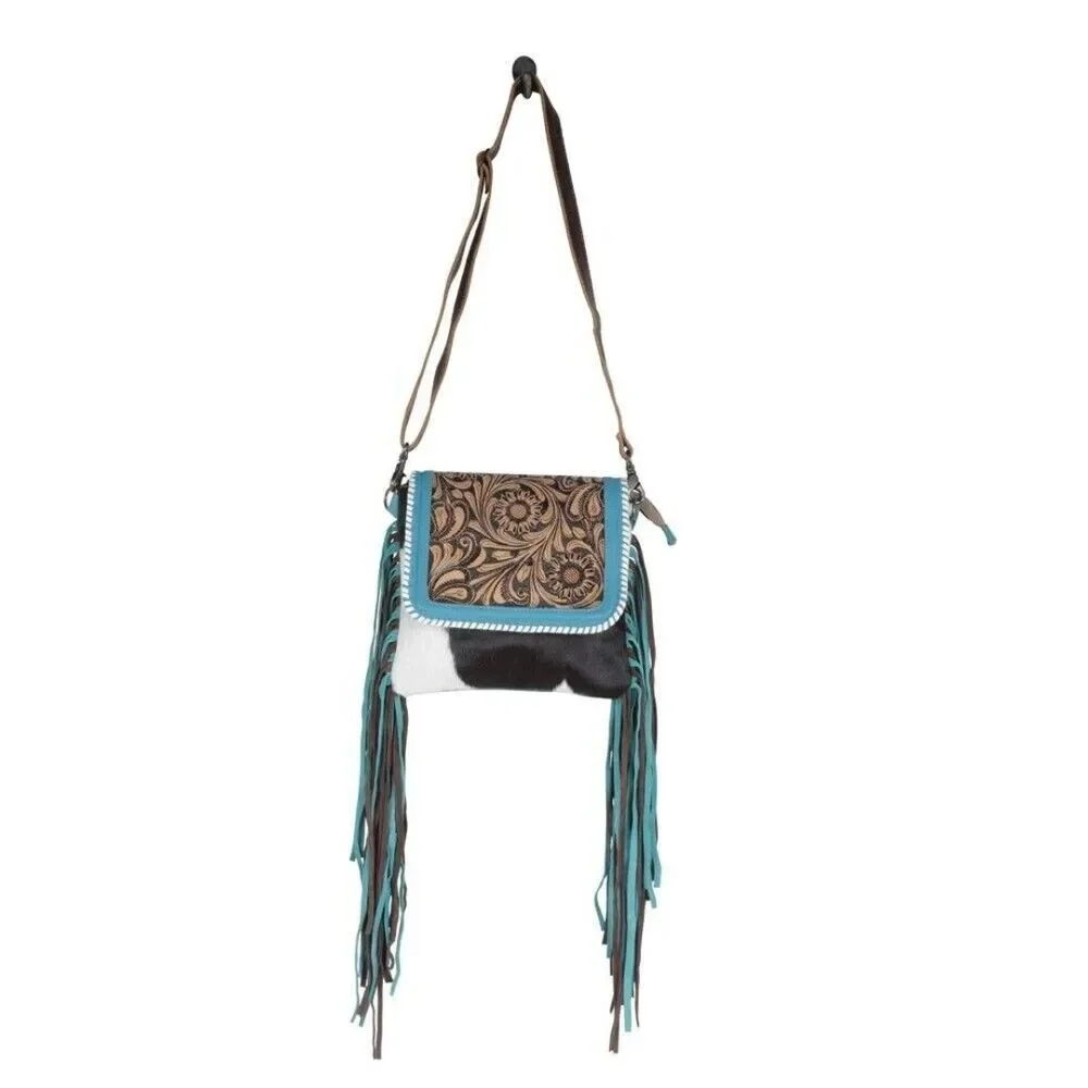 Myra Bag Handmade Misty Hand Tooled Bag Upcycled Canvas & Cowhide Leather